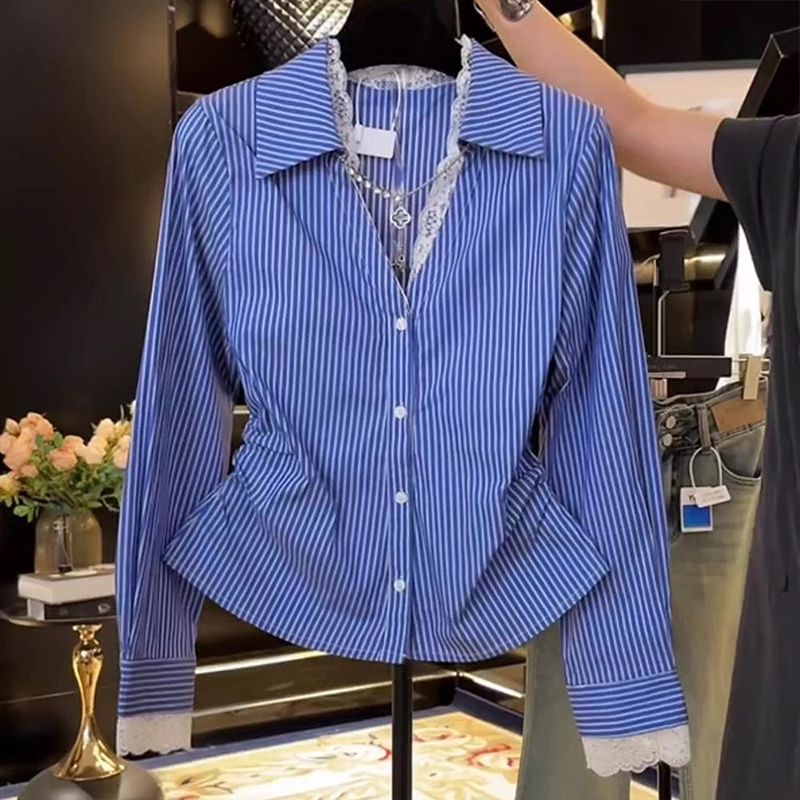 Polo Shirt Slim - أنيقة الدانتيل المرقعة مطوي سليم بلوزة